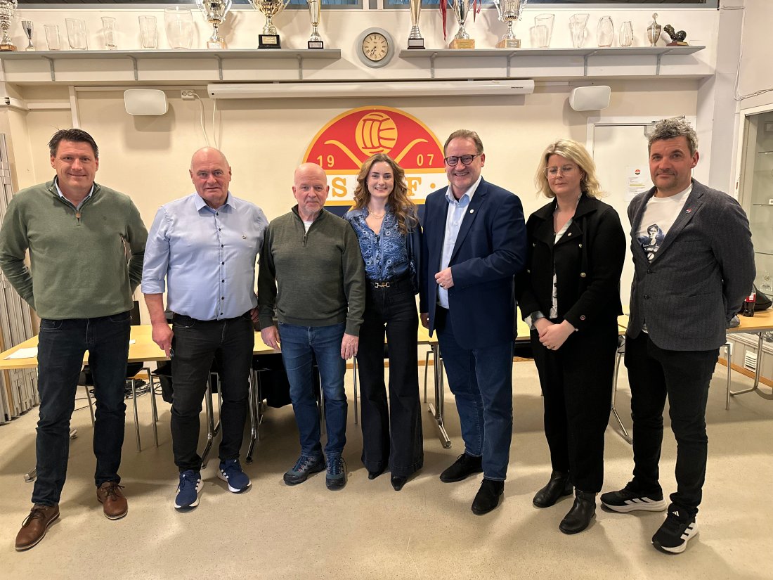 Styret i Strømsgodset for den kommende periode. Fra venstre: Kenneth Karlsen, Martin Ramfjord, Egil Meland, Camilla Onshuus, Finn Egil Holm, Kine Kleven, Christian Stråle.